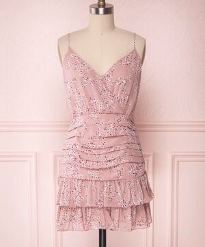 Pookie & Sebastian Pink Floral Tiered Ruffle Dress Crossover Front Mini Size S